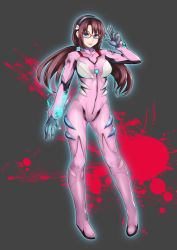 Rule 34 | 1girl, :p, arm at side, black background, black hair, blood, blood splatter, blue eyes, blue hairband, bodysuit, breasts, breasts apart, brown hair, closed mouth, energy, evangelion: 2.0 you can (not) advance, full body, glasses, gloves, glowing, hair tie, hairband, hand up, highres, legs apart, long hair, looking at viewer, low twintails, makinami mari illustrious, medium breasts, neon genesis evangelion, outline, parted bangs, pilot suit, pink bodysuit, plugsuit, rebuild of evangelion, red-framed eyewear, shiny clothes, sidelocks, simple background, skin tight, smile, solo, standing, tongue, tongue out, turtleneck, twintails, v, yashichii