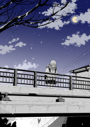 Rule 34 | 1girl, absurdres, backpack, bag, bare tree, blue sky, blush, bridge, closed mouth, cloud, cloudy sky, crying, dam, enpera, fringe trim, from behind, full moon, gradient sky, greyscale with colored background, half-closed eyes, hand on railing, highres, hood, hooded jacket, hoodie, jacket, lonely, long sleeves, looking down, maria komaki, monochrome, moon, night, original, outdoors, parted lips, plaid, plaid scarf, plaid skirt, pleated skirt, pocket, power lines, railing, sad, scarf, scenery, school uniform, shadow, shirt, short hair, skirt, sky, solo, star (sky), tears, tree, water pipe, wavy mouth, wide shot