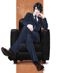 Rule 34 | 1boy, black footwear, black hair, blue jacket, blue pants, blue suit, chair, crossed legs, dress shoes, final fantasy, final fantasy vii, formal, full body, hair between eyes, hair over one eye, hand on own knee, hand on own face, highres, jacket, looking to the side, male focus, necktie, official alternate costume, pants, pillarboxed, red eyes, shirt, short hair, solo, suit, tie clip, vincent valentine, white shirt, yonesuke, zipper