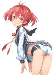 Rule 34 | 1girl, absurdres, ass, bent over, black socks, blush, cellphone, charm (object), from behind, hair ornament, hair scrunchie, highres, isshiki akane, kneehighs, kneepits, long sleeves, looking at viewer, looking back, michairu, miniskirt, parody, phone, power symbol, red footwear, sailor collar, school uniform, scrunchie, shoes, short hair, short shorts, shorts, simple background, skirt, socks, solo, tareme, tawawa challenge, twintails, two side up, upskirt, vividred operation, white background, white skirt, you&#039;re doing it wrong