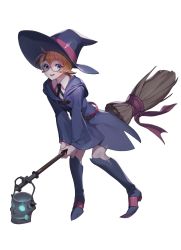 Rule 34 | 1girl, blue eyes, blue footwear, blue hat, blush, boots, broom, broom riding, brown hair, freckles, full body, glasses, hat, high heel boots, high heels, highres, knee boots, little witch academia, looking at viewer, lotte jansson, open mouth, short hair, smile, solo, sseli, teeth, transparent background, upper teeth only, witch hat