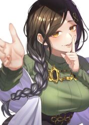 Rule 34 | 1girl, absurdres, braid, breasts, brown hair, finger to mouth, gradient hair, green sweater, grey hair, hair between eyes, hair ornament, hair over one eye, hand up, highres, hoimi illust, index finger raised, large breasts, long braid, long hair, looking at viewer, multicolored hair, nijisanji, open mouth, orange eyes, reaching, reaching towards viewer, ribbed sweater, shirayuki tomoe, shirayuki tomoe (1st costume), shushing, simple background, single braid, smile, solo, sweater, virtual youtuber, white background