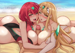 Rule 34 | 1boy, 2girls, ass, beach, blonde hair, blush, breasts, collarbone, competition swimsuit, cooperative paizuri, dual persona, grabbing, grabbing another&#039;s breast, hair between eyes, huge ass, lainart, large breasts, long hair, looking at viewer, lying, matching hair/eyes, multiple girls, mythra (xenoblade), on back, one-piece swimsuit, open mouth, paizuri, penis, pov, pyra (pro swimmer) (xenoblade), pyra (xenoblade), red eyes, red hair, short hair, smile, swimsuit, tongue, tongue out, uncensored, water, xenoblade chronicles (series), xenoblade chronicles 2, yellow eyes