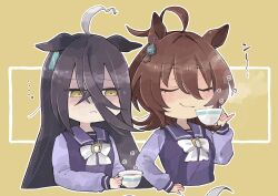Rule 34 | ..., 2girls, :&lt;, agnes tachyon (umamusume), ahoge, animal ears, black hair, blush, bow, bowtie, breasts, brown hair, chibi, closed eyes, closed mouth, cropped torso, cup, earrings, ears down, furrowed brow, hair between eyes, highres, holding, holding cup, horse ears, jewelry, long hair, long sleeves, manhattan cafe (umamusume), multiple girls, outline, pinky out, purple shirt, sailor collar, school uniform, shirt, short hair, single earring, small breasts, smile, smug, steam, sweat, tea, teacup, tracen school uniform, umamusume, upper body, white outline, yagamin (ygmn01), yellow background, yellow eyes