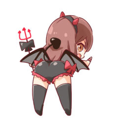 Rule 34 | 1girl, ass, bent over, black thighhighs, bow, brown eyes, brown hair, chibi, demon girl, demon horns, demon tail, demon wings, fake horns, girlfriend (kari), hairband, horns, leaning forward, looking at viewer, polearm, red bow, ringo (nanaprin), shiina kokomi, short hair, solo, tail, thighhighs, trident, weapon, wings, wristband