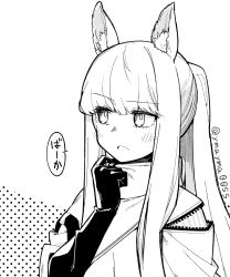Rule 34 | 1girl, adjusting clothes, animal ear fluff, animal ears, arknights, artist name, blush, elbow gloves, gloves, greyscale, highres, horse ears, long hair, looking away, looking to the side, monochrome, open mouth, platinum (arknights), ponytail, sidelocks, solo, speech bubble, translation request, twitter username, unzipped, upper body, white background, yom (ymayma00ss)