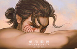 Rule 34 | 1boy, artist name, bare arms, bare shoulders, brown hair, commentary, covered mouth, crying, crying with eyes open, derivative work, english commentary, eren yeager, facebook logo, facial mark, fallen angel (painting), fine art parody, furrowed brow, grey eyes, hair bun, hair pulled back, instagram logo, karmen loh, male focus, medium hair, parody, parted bangs, patreon logo, shingeki no kyojin, solo, tears, toned, toned male, twitter logo, twitter username, upper body, v-shaped eyebrows, watermark, wavy hair