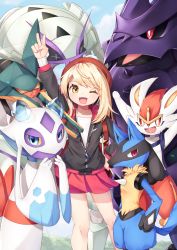 Rule 34 | 1girl, ;d, arm up, backpack, bag, black jacket, blonde hair, blue sky, cinderace, cloud, commentary request, contrapposto, corviknight, creatures (company), day, feet out of frame, froslass, game freak, gen 4 pokemon, gen 7 pokemon, gen 8 pokemon, gloria (pokemon), golisopod, gunjou row, hand on own hip, hat, highres, jacket, long hair, long sleeves, lucario, miniskirt, nintendo, one eye closed, open mouth, outdoors, pink skirt, pleated skirt, pokemon, pokemon (creature), pokemon swsh, red headwear, shirt, shorts, shorts under skirt, skirt, sky, smile, standing, tam o&#039; shanter, unzipped, v, vikavolt, white shirt, yellow eyes, zipper