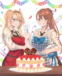 Rule 34 | 2girls, apron, asymmetrical bangs, beatrix (granblue fantasy), birthday cake, black neckwear, blonde hair, blue bow, blue eyes, bow, brown hair, cake, collared shirt, commentary, confetti, english commentary, food, food on face, fruit, granblue fantasy, hair between eyes, hair intakes, happy birthday, highres, holding, holding pot, holding whisk, icing, licking lips, long hair, looking at another, looking at viewer, loose necktie, multiple girls, necktie, plaid, plaid apron, pot, red apron, renzu (lens 02), shirt, side-by-side, standing, strawberry, strawberry shortcake, swept bangs, table, tongue, tongue out, very long hair, whisk, yellow eyes, zeta (granblue fantasy)