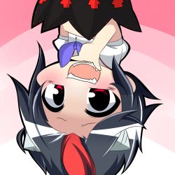 Rule 34 | 1girl, :d, black hair, chibi, cone horns, grey horns, hand on own chin, horns, kijin seija, looking at viewer, multicolored hair, open mouth, red eyes, sharp teeth, short hair, smile, solo, teeth, touhou, two-tone hair, twumi, upside-down