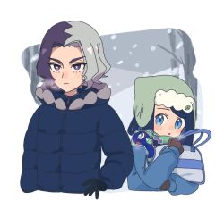 Rule 34 | 1boy, 1girl, :o, amethio (pokemon), bag, bare tree, black gloves, black hair, blue eyes, blue jacket, breath, bright pupils, commentary request, creatures (company), game freak, gloves, green hat, hat, holding, holding bag, hood, hood down, hooded jacket, jacket, liko (pokemon), long sleeves, multicolored hair, nintendo, nm222, outdoors, pokemon, pokemon (anime), pokemon (creature), pokemon horizons, purple eyes, short hair, snowing, symbol-shaped pupils, terapagos, terapagos (normal), tree, two-tone hair, white pupils