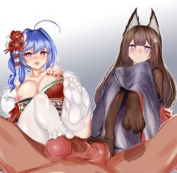 Rule 34 | 2girls, absurdres, ahoge, amagi (azur lane), animal ears, azur lane, blue hair, blush, breasts, breasts out, brown hair, clothed female nude male, feet, footjob, hair ornament, heart, heart-shaped pupils, highres, japanese clothes, large breasts, long hair, looking at viewer, multiple girls, nipples, no shoes, nude, pantyhose, parted lips, penis, pink eyes, pov, purple eyes, soles, st. louis (azur lane), symbol-shaped pupils, toes, uncensored, white legwear