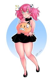 Rule 34 | 1girl, bare shoulders, black skirt, blue background, blush, closed mouth, fangs, full body, highres, horns, legs, looking at viewer, medium hair, oni horns, original, pink hair, stuffed toy, rivyk, shoes, skirt, solo, standing, thick thighs, thighs, twintails, white background