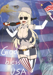 Rule 34 | &#039;murica, 1girl, :d, absurdres, american flag, armpits, asymmetrical legwear, bare shoulders, baseball cap, belt, bird, breasts, buttons, cleavage, clothes writing, copyright name, cropped legs, eagle, english text, etoast, fingerless gloves, front-tie top, garter straps, gloves, gorget, gun, hand up, happy, hat, highres, hip focus, holding, holding gun, holding weapon, iowa (kancolle), kantai collection, large breasts, lightning, long hair, looking at viewer, midriff, miniskirt, mismatched legwear, navel, open mouth, over shoulder, parody, parted bangs, pencil skirt, photo background, shotgun, sidelocks, sketch, skirt, smile, solo, statue of liberty, striped clothes, striped thighhighs, sunglasses, thigh gap, thighhighs, unbuttoned, united states, vertical-striped clothes, vertical-striped thighhighs, weapon, weapon over shoulder, wide hips, wrist cuffs, zettai ryouiki