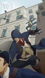 Rule 34 | 2boys, arno dorian, assassin&#039;s creed, assassin&#039;s creed: unity, assassin&#039;s creed (series), blade, brown hair, coat, concealed weapon, gb (doubleleaf), gloves, hat, highres, hood, multiple boys, tricorne, weapon