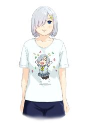 1girl blue_eyes character_print chibi commentary_request hair_over_one_eye hama!_(3toshinhmkz) hamakaze_(kancolle) jumping kantai_collection looking_at_viewer open_mouth shirt short_hair short_sleeves shorts simple_background smile solo t-shirt variant_set white_background