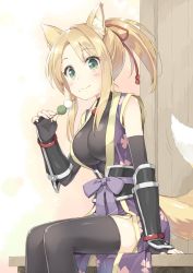 Rule 34 | 1girl, animal ears, bare shoulders, black gloves, black thighhighs, blonde hair, blush, breasts, closed mouth, commentary request, dango, dog days, eating, elbow gloves, fingerless gloves, food, food on face, fox ears, fox tail, gloves, green eyes, hair ribbon, japanese clothes, kani biimu, kimono, large breasts, looking at viewer, obi, purple kimono, red ribbon, ribbon, sash, short kimono, sitting, smile, solo, tail, thighhighs, vambraces, wagashi, yukikaze panettone