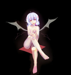 Rule 34 | 1girl, barefoot, bat wings, black background, collarbone, crossed legs, fangs, feet, full body, hand on leg, hand up, legs, looking at viewer, no headwear, nude, open mouth, purple hair, red eyes, remilia scarlet, short hair, simple background, sitting, sitting on object, solo, thighs, toenails, toes, touhou, wings