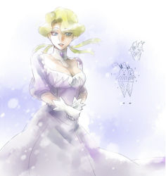 Rule 34 | blonde hair, blue eyes, braid, breasts, cleavage, cleavage cutout, clothing cutout, collar, creatures (company), dress, game freak, gen 5 pokemon, glacia (pokemon), gloves, ivory (25680nico), nintendo, pokemon, pokemon (creature), pokemon oras, purple dress, short hair, sleeves past wrists, snowing, vanilluxe, white gloves