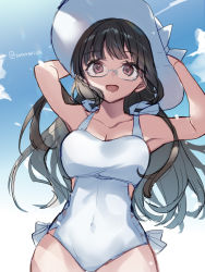 Rule 34 | 1girl, black hair, blue sky, breasts, brown eyes, casual one-piece swimsuit, choukai (kancolle), cleavage, cloud, cowboy shot, glasses, hat, highres, kantai collection, long hair, looking at viewer, medium breasts, one-piece swimsuit, open mouth, picoli1313, rimless eyewear, sky, smile, solo, standing, sun hat, swimsuit, twitter username, white hat, white one-piece swimsuit