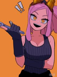 Rule 34 | !, !!, :d, bare shoulders, black gloves, black shirt, boku no hero academia, breasts, cleavage, collarbone, commentary, crosshair pupils, gloves, goggles, goggles on head, hatsume mei, highres, holding, holding wrench, large breasts, open mouth, orange background, partially fingerless gloves, pink hair, ribbed shirt, sanekome, shirt, smile, symbol-shaped pupils, tank top, wrench, yellow eyes