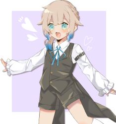 Rule 34 | 1boy, alternate costume, alternate hairstyle, arm belt, black shorts, black vest, blonde hair, blue bow, blue bowtie, blue eyes, border, bow, bowtie, butler, coattails, commentary, fate/grand order, fate (series), freedumco, frilled sleeves, frills, heart, highres, kneehighs, marine nemo (fate), nemo (fate), open mouth, pink background, shirt, shorts, simple background, socks, solo, vest, white border, white shirt, white socks