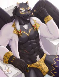 Rule 34 | 1boy, abs, absurdres, alternate costume, animal ears, bara, bulge, unworn eyewear, facial hair, feathered wings, furry, furry male, green eyes, grey fur, highres, jaguar boy, jaguar ears, male focus, male pubic hair, muscular, nipples, one eye covered, pectorals, pubic hair, solo, tezcatlipoca (housamo), thick eyebrows, thick thighs, thighs, tokyo houkago summoners, uiokv, wings