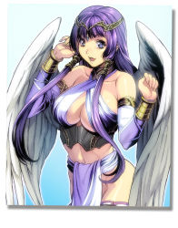 Rule 34 | 1girl, angel, angel wings, bare shoulders, blue eyes, bracelet, breasts, cleavage, criss-cross halter, elbow gloves, gloves, halterneck, halterneck, homare (fool&#039;s art), huge breasts, jewelry, long hair, non-web source, original, pelvic curtain, purple hair, revealing clothes, simple background, smile, solo, white background, wings