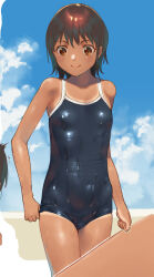 Rule 34 | 1girl, black one-piece swimsuit, blue sky, breasts, brown eyes, brown hair, cloud, competition school swimsuit, cowboy shot, day, highres, one-piece swimsuit, one-piece tan, original, outdoors, school swimsuit, shiden (sashimi no wife), short hair, sky, small breasts, solo, swimsuit, tan, tanline, wet, wet clothes, wet swimsuit