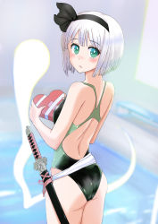 Rule 34 | 1girl, absurdres, blunt bangs, blurry, bob cut, box, commentary request, competition swimsuit, cowboy shot, depth of field, from behind, ghost, green eyes, heart, highres, hitodama, jack (wkm74959), konpaku youmu, konpaku youmu (ghost), looking at viewer, one-piece swimsuit, short hair, silver hair, solo, standing, swimsuit, sword, touhou, two-tone swimsuit, weapon