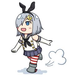 Rule 34 | 1girl, animal ears, black neckerchief, blue eyes, blue sailor collar, blue skirt, blush, boots, commentary request, cosplay, detached sleeves, elbow gloves, fake animal ears, full body, gloves, grey footwear, hair ornament, hairclip, hama! (3toshinhmkz), hamakaze (kancolle), kantai collection, neckerchief, open mouth, pleated skirt, rabbit ears, rudder footwear, sailor collar, school uniform, serafuku, shadow, shimakaze (kancolle), shimakaze (kancolle) (cosplay), shirt, short hair, silver hair, simple background, skirt, solo, striped clothes, striped thighhighs, thighhighs, uniform, walking, white background, white gloves, white shirt