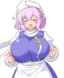 1girl blush breasts commentary_request facing_viewer hat heart highres huge_breasts juliet_sleeves lapel_pin letty_whiterock long_sleeves mizusoba open_mouth puffy_sleeves purple_hair short_hair simple_background solo touhou upper_body white_background white_hat