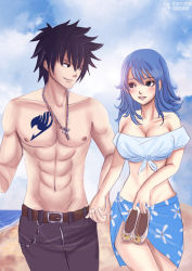 Rule 34 | 1boy, 1girl, beach, black hair, blue hair, breasts, couple, fairy tail, gradient background, gray fullbuster, jewelry, juvia lockser, large breasts, navel, necklace, outdoors, shoes, skirt, sky, smile, tattoo, topless male