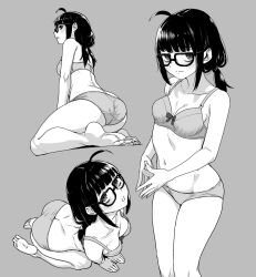 Rule 34 | 1girl, ahoge, ass, bags under eyes, bare arms, bare legs, bare shoulders, barefoot, bra, breasts, butt crack, cleavage, closed mouth, commentary request, cowboy shot, feet, fumitan (humitan), glasses, greyscale, highres, jimiko, looking at viewer, low ponytail, medium breasts, monochrome, multiple views, navel, original, own hands together, panties, parted lips, seiza, sidelocks, simple background, sitting, soles, stomach, toes, underwear, underwear only