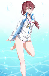 Rule 34 | 10s, 1girl, competition swimsuit, free!, jacket, long hair, looking at viewer, matsuoka gou, one-piece swimsuit, pink one-piece swimsuit, ponytail, red eyes, red hair, smile, swimsuit, swimsuit under clothes, track jacket, whistle, yakura