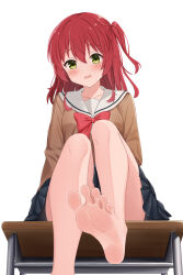 Rule 34 | 1girl, absurdres, bare legs, barefoot, black skirt, blush, bocchi the rock!, breasts, brown cardigan, cardigan, collarbone, commentary, desk, feet, foot focus, foot out of frame, foreshortening, greek toe, green eyes, hair between eyes, head tilt, highres, kita ikuyo, legs, long hair, medium breasts, miniskirt, one side up, open mouth, pinkiuzu, pleated skirt, presenting foot, red eyes, red hair, sailor collar, school desk, school uniform, sidelocks, simple background, sitting, skirt, soles, solo, spread toes, toes, white background