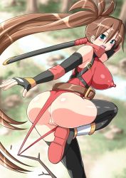 Rule 34 | 1girl, anus, ass, azukina, bare shoulders, blue eyes, branch, breasts, brown hair, covered erect nipples, final fuck, fingerless gloves, gloves, huge breasts, leotard, leotard pull, long hair, open mouth, original, otoi rekomaru, pussy, solo, sweatdrop, sword, thighhighs, uncensored, weapon