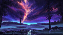 commentary english_commentary facing_away fox from_behind galaxy highres kloir landscape light_particles nature night original painterly river scenery signpost sky space spirit star_(sky) starry_sky tree