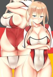 Rule 34 | 1girl, adapted costume, armpits, ass, black background, blonde hair, blue eyes, blush, breasts, capelet, cleavage, closed mouth, competition swimsuit, cowboy shot, crossed arms, embarrassed, from behind, from side, frown, gluteal fold, graf zeppelin (kancolle), grey background, hair between eyes, half-closed eyes, kantai collection, large breasts, legs together, multiple views, navel, nose blush, one-piece swimsuit, red background, red one-piece swimsuit, sideboob, sidelocks, simple background, skin tight, standing, strap gap, swimsuit, thighs, twintails, two-tone swimsuit, white one-piece swimsuit, wide hips, yellow background, zukky