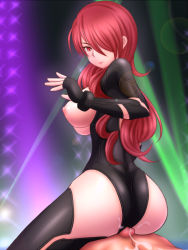 Rule 34 | 1boy, 1girl, atlus, black thighhighs, bodysuit, breasts, buttjob, buttjob over clothes, fingerless gloves, girl on top, gloves, highres, hiro (hankakudouga), kirijou mitsuru, large breasts, leotard, looking at viewer, persona, red eyes, red hair, straddling, thighhighs, uncensored