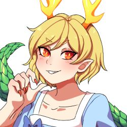 Rule 34 | 1girl, blonde hair, blue bow, blue shirt, bow, dragon tail, eyes visible through hair, hair between eyes, hanaarts, hand up, horns, kicchou yachie, nail polish, red eyes, red nails, shirt, short hair, simple background, smile, solo, tail, teeth, touhou, white background