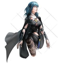 Rule 34 | 1girl, blue eyes, blue hair, blush, breasts, byleth (female) (fire emblem), byleth (fire emblem), cowboy shot, fire emblem, fire emblem: three houses, jeffryhangover, leggings, looking away, nintendo, patterned clothing, shorts, simple background, sketch, solo, watermark