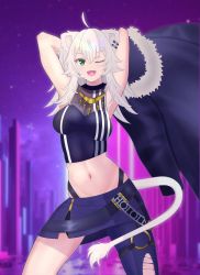 Rule 34 | 1girl, absurdres, ahoge, animal ears, armpits, arms behind head, arms up, cleavage, ear piercing, fangs, green eyes, highres, hololive, isshii5.06, jacket, jewelry, lion ears, lion girl, lion tail, midriff, miniskirt, navel, necklace, night, one eye closed, open mouth, panties, piercing, see-through, see-through cleavage, shishiro botan, shishiro botan (1st costume), skirt, tail, tongue, underwear, virtual youtuber, white hair, zipper