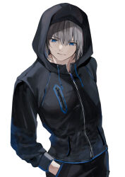Rule 34 | 1boy, black jacket, black pants, blue eyes, blue jacket, blue pants, blue trim, breast pocket, closed mouth, commentary request, cowboy shot, fate/grand order, fate (series), grey hair, hands in pockets, highres, hood, hood up, jacket, long sleeves, looking down, male focus, multicolored clothes, multicolored jacket, multicolored pants, oberon (fate), oberon (third ascension) (fate), pants, pocket, sausu hitori, short hair, simple background, solo, tagme, white background, zipper