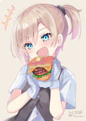 Rule 34 | +++, 1girl, :d, absurdres, black vest, blue eyes, blush, brown background, brown hair, burger, commentary request, drooling, food, gloves, hair between eyes, hands up, head tilt, highres, hizaka, holding, holding food, kantai collection, looking at viewer, maikaze (kancolle), mouth drool, one-hour drawing challenge, open mouth, ponytail, shirt, short hair, short sleeves, signature, simple background, smile, solo, twitter username, upper body, vest, white gloves, white shirt