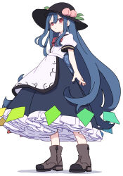 Rule 34 | 1girl, absurdres, black hat, blue hair, blue skirt, blush stickers, boots, brown footwear, closed mouth, frilled skirt, frills, fruit hat ornament, full body, hair between eyes, hat, hat ornament, highres, hinanawi tenshi, kame (kamepan44231), long hair, looking at viewer, one-hour drawing challenge, peach hat ornament, puffy short sleeves, puffy sleeves, red eyes, shirt, short sleeves, simple background, skirt, solo, touhou, very long hair, white background, white shirt