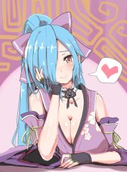 Rule 34 | .live, 1girl, blue hair, bow, breasts, cleavage, detached sleeves, fingerless gloves, gloves, hair bow, hair over one eye, hand on own cheek, hand on own face, head rest, high ponytail, highres, japanese clothes, kimono, large breasts, long hair, natashia, ponytail, smile, solo, virtual youtuber, yamato iori