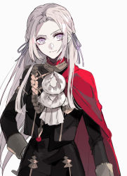 1girl black_jacket black_skirt blonde_hair cape closed_mouth cowboy_shot ebanoniwa edelgard_von_hresvelg fire_emblem fire_emblem:_three_houses gloves hair_ribbon hand_on_own_hip highres jacket long_hair looking_at_viewer nintendo purple_eyes purple_ribbon red_cape ribbon ringed_eyes sanpaku simple_background skirt smile smug solo standing white_background white_gloves