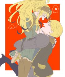 Rule 34 | 1boy, 1girl, arm guards, armor, arms around neck, arms around waist, black legwear, blonde hair, blouse, brother and sister, clair (fire emblem), clive (fire emblem), closed eyes, face-to-face, fire emblem, fire emblem echoes: shadows of valentia, heart, helmet, hetero, high heels, highres, hug, jumping, long hair, looking at another, matumuraaaa, nintendo, open mouth, ponytail, profile, red background, shirt, short hair, siblings, simple background, sketch, smile, spoken heart