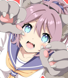 Rule 34 | 1girl, ahoge, animal ears, animal hands, aoba (kancolle), blue eyes, blue scrunchie, claws, fangs, gloves, hair ornament, hair scrunchie, kantai collection, messy hair, neckerchief, open mouth, oyu (aoba 0054), paw gloves, ponytail, purple hair, purple sailor collar, sailor collar, school uniform, scrunchie, serafuku, solo, upper body, wolf ears, yellow neckerchief